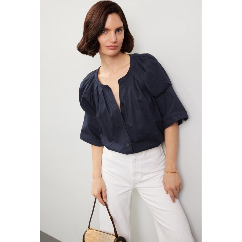 A.L.C. Chloe Blouse Size 10 Black V Split Neck Puff Sleeve
